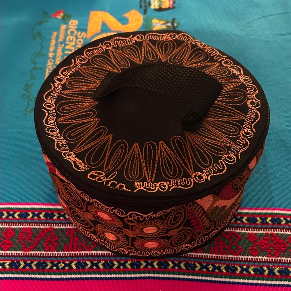 Embroidered Black and Orange Round Box